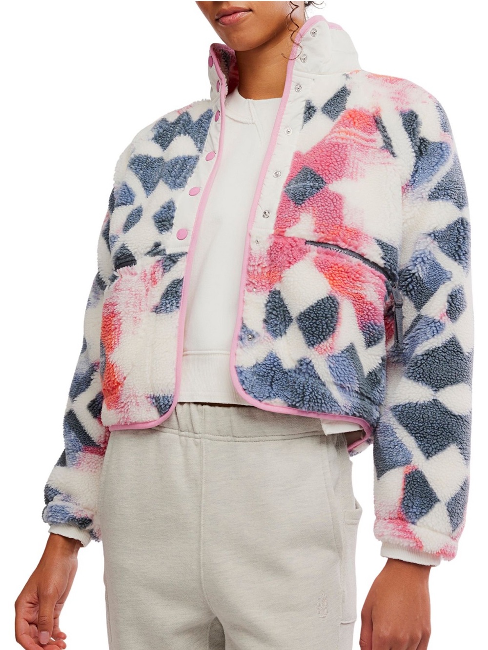 FP Movement Fleece Jacket Snap Front Cropped Slouchy Sherpa Pink Blue XS NWT - Picture 5 of 11